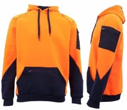 HI VIS Safety Fleece Pullover Hoodies Workwear Kangaroo Arm Pen Pockets Jacket - Orange