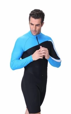 One-Piece Sunscreen Quick-drying Long-sleeved Swimsuit Swimming Trunks For Men-LS606B-Blue