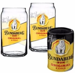 Bundy Bundaberg Rum Set Of 2 Can Shaped Glasses And Metallic Can Cooler