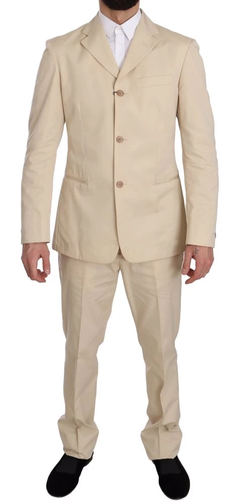 Romeo Gigli Two Piece 3 Button Beige Cotton Solid Suit 1 Romeo Gigli Two Piece 3 Button Beige Cotton Solid Suit