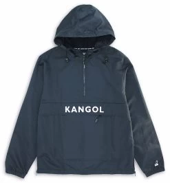 Kangol Hooded Popover Windbreaker Jacket Pullover Coat - Black