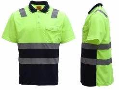 HI VIS Short Sleeve Workwear Shirt W Reflective Tape Cool Dry Safety Polo 2 Tone - Fluoro Yellow / N