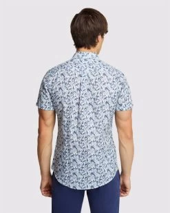 Oxford Men's Tottenham Linen Cotton Print Short Sleeve Shirt - Blue -Fashion Menswear Shop 286a5b4b323026b96edd89128702df72