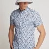 Oxford Men's Tottenham Linen Cotton Print Short Sleeve Shirt - Blue