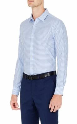 Oxford Men's Kenton Horizontal Strpe Shirt - Sky -Fashion Menswear Shop 30fb5554693fa0edf0c8e8f955bdae21