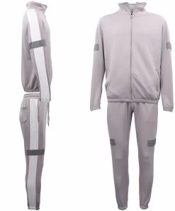 Mens 2PCS Lightweight Track Suit Reflective Tape Windproof Jacket Pants Trousers - Light Grey
