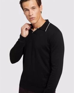 Oxford Men's Reiss Tipping Collar Ls Knit Polo - Black -Fashion Menswear Shop 42febe88488495c6714bfd982844b0fa