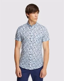 Oxford Men's Tottenham Linen Cotton Print Short Sleeve Shirt - Blue -Fashion Menswear Shop 466d011ca97e5dbe2b8e1478a0bda3ce