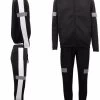 Mens 2PCS Lightweight Track Suit Reflective Tape Windproof Jacket Pants Trousers - Black