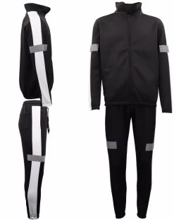 Mens 2PCS Lightweight Track Suit Reflective Tape Windproof Jacket Pants Trousers - Black