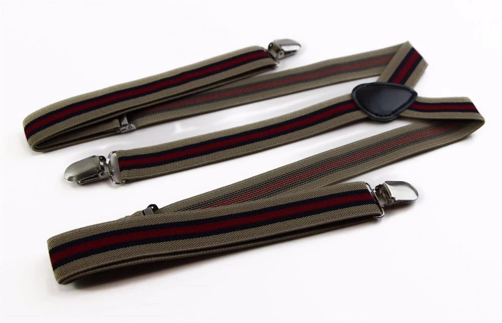 Mens Adjustable Latte, Red & Navy Striped Patterned Suspenders 3 Mens Adjustable Latte, Red & Navy Striped Patterned Suspenders - Image 3