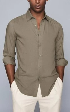 Reiss Men's Jimmy-Long Sleeve Slim Crepe Viscose - Sage