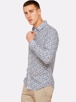 Oxford Men's Kenton Leaves Printed Shirt - White/Blue -Fashion Menswear Shop 66f1bca249f3a5677ff4ecc0a97b3404
