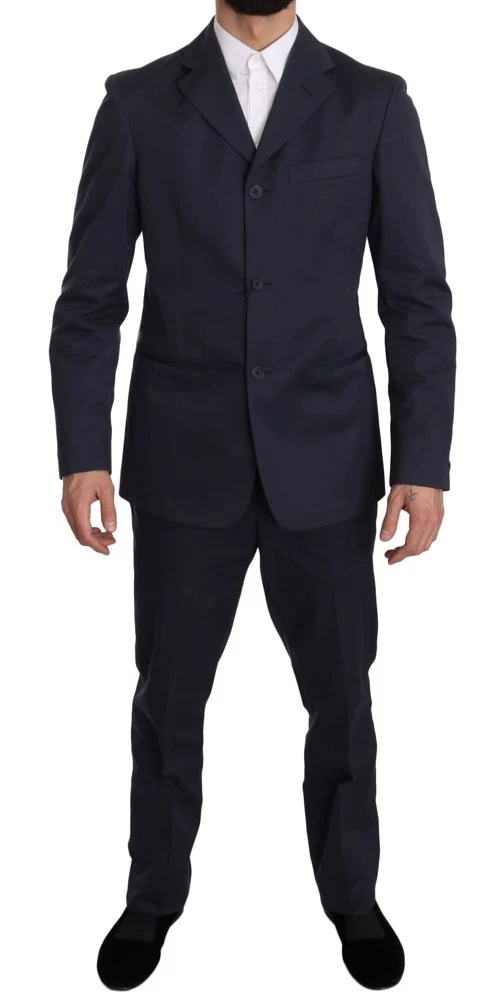 Romeo Gigli Two Piece 3 Button Cotton Blue Solid Suit 1 Romeo Gigli Two Piece 3 Button Cotton Blue Solid Suit