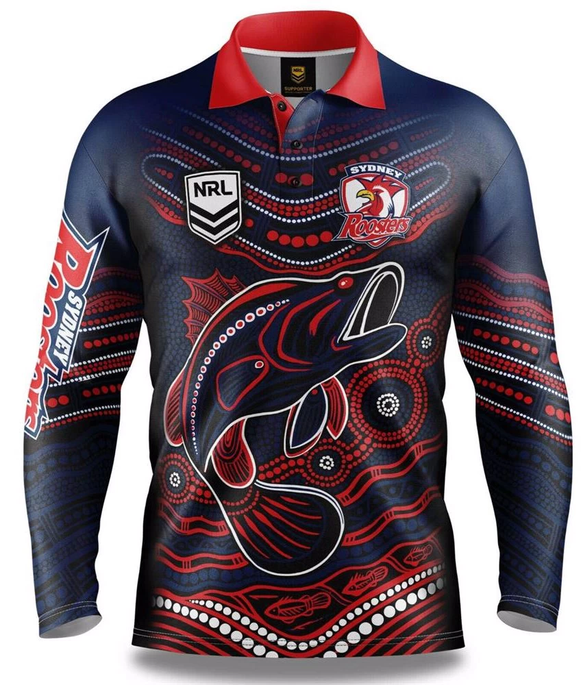 NRL Indigenous Fishing Polo Tee Shirt - Sydney Roosters - Adult 1 NRL Indigenous Fishing Polo Tee Shirt - Sydney Roosters - Adult