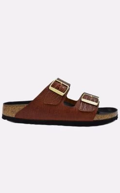 Birkenstock Arizona Embossed Smooth Leather Cognac Lizard Texture Sandals - Brown