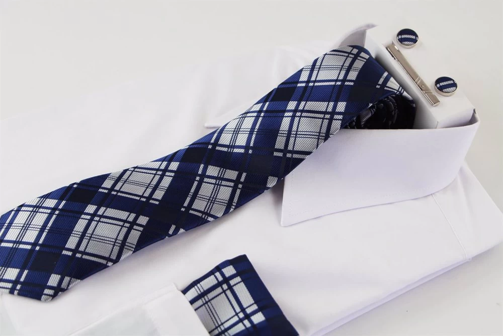 Mens Navy & Silver Checkered Matching Neck Tie, Pocket Square, Cuff Links And Tie Clip Set 1 Mens Navy & Silver Checkered Matching Neck Tie, Pocket Square, Cuff Links And Tie Clip Set