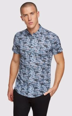 Oxford Men's Tottenham Palmtree Print Short Sleeve Shirt - Blue Multi