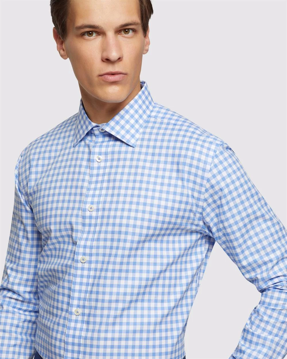 Oxford Men's Islington Regular Fit Checked Shirt - Sky 4 Oxford Men's Islington Regular Fit Checked Shirt - Sky - Image 4