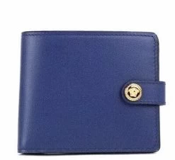 Versace Navy Blue Compact Smooth Leather Gold Toned Medusa Snap Bifold Wallet