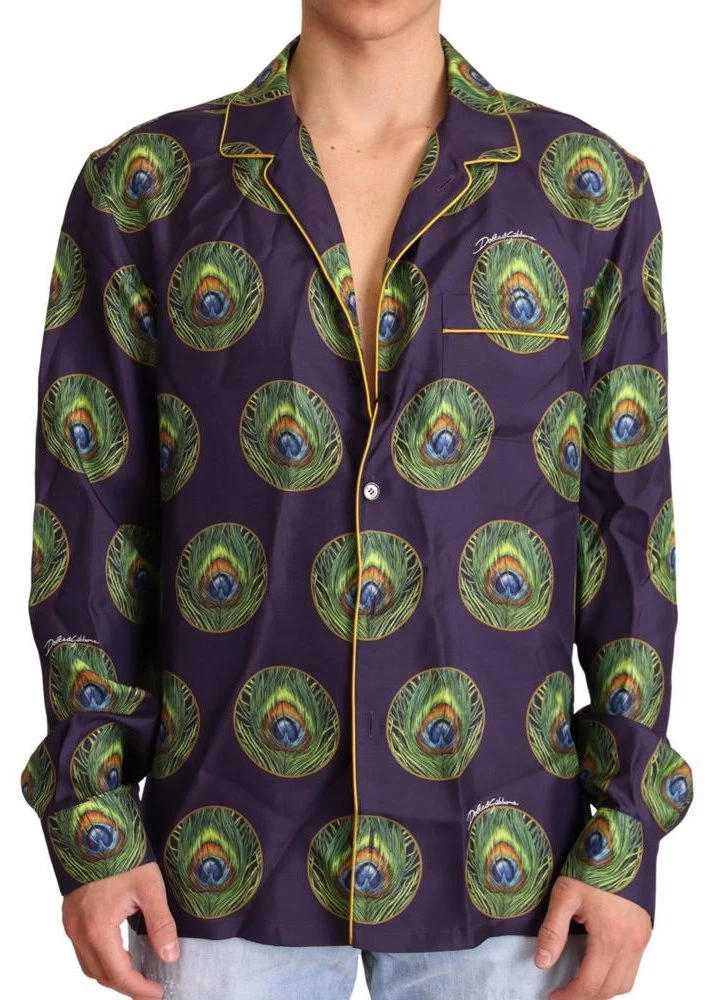 Dolce & Gabbana Dolce Gabbana Purple Green Logo Silk Mens Top Shirt 1 Dolce & Gabbana Dolce Gabbana Purple Green Logo Silk Mens Top Shirt