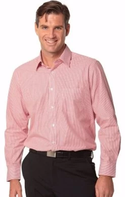 New Mens Balance Stripe Long Sleeve Shirt Cotton Business Work Office Shirts Top Red.White