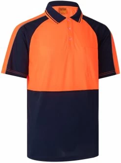 HI VIS Short Sleeve Polo Workwear Shirt Tops Tee Tradie Cool Dry Safety Two Tone - Fluro Orange / Na