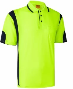 HI VIS Polo Shirts Short Sleeve Work Tops Tee Tradie Safety Workwear Reflective - Fluro Yellow / Nav