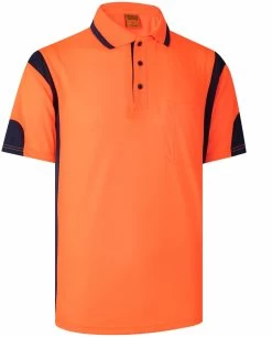 HI VIS Polo Shirts Short Sleeve Work Tops Tee Tradie Safety Workwear Reflective - Fluro Orange / Nav