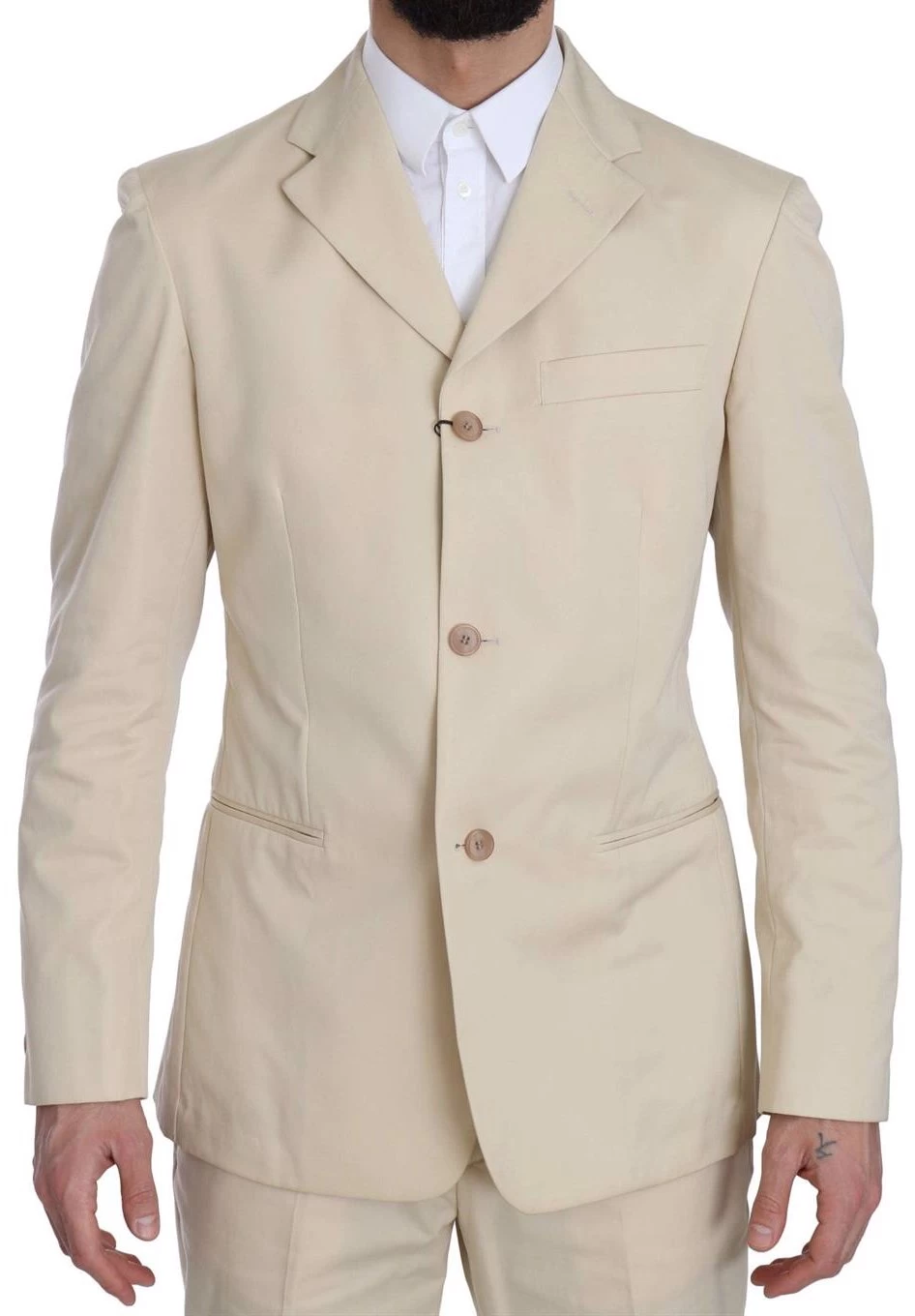 Romeo Gigli Two Piece 3 Button Beige Cotton Solid Suit 5 Romeo Gigli Two Piece 3 Button Beige Cotton Solid Suit - Image 5