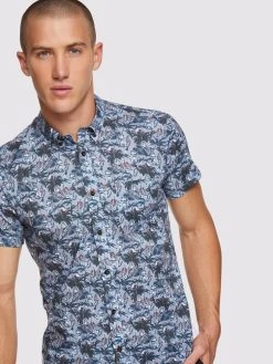 Oxford Men's Tottenham Palmtree Print Short Sleeve Shirt - Blue Multi -Fashion Menswear Shop ee33f2af27df09686a0a31cdb1377b47