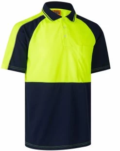 HI VIS Short Sleeve Polo Workwear Shirt Tops Tee Tradie Cool Dry Safety Two Tone - Fluro Yellow / Na