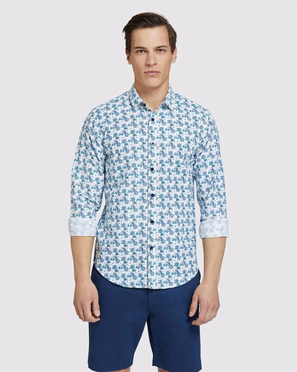 Oxford Men's Kenton Linen Cotton Floral Shirt - White/Aqua 1 Oxford Men's Kenton Linen Cotton Floral Shirt - White/Aqua
