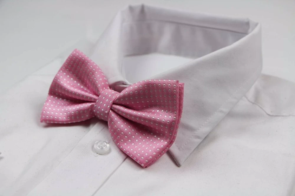 Mens Light Pink Plain Coloured Bow Tie With White Polka Dots 1 Mens Light Pink Plain Coloured Bow Tie With White Polka Dots